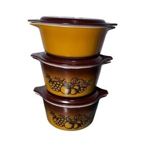 Vintage Pyrex Old Orchard Casserole Dishes Brown Lids